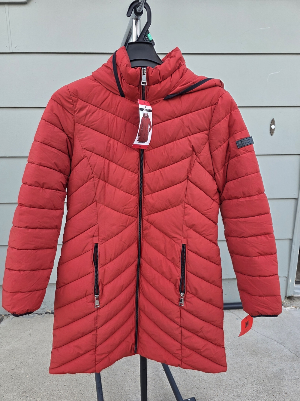 DKNY Red Quilted Puffer Coat with Hood Women Size Medium